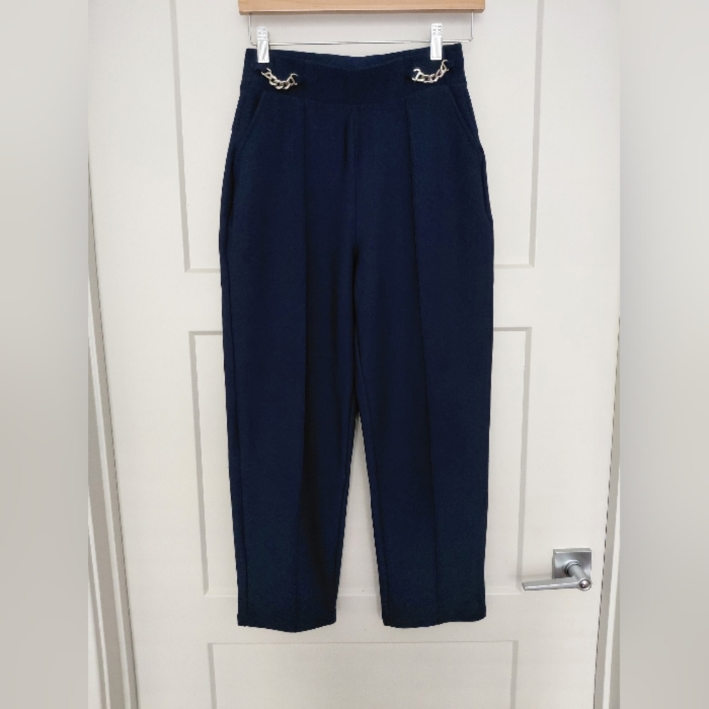 Navy High-Waist Trousers with Chain Detail